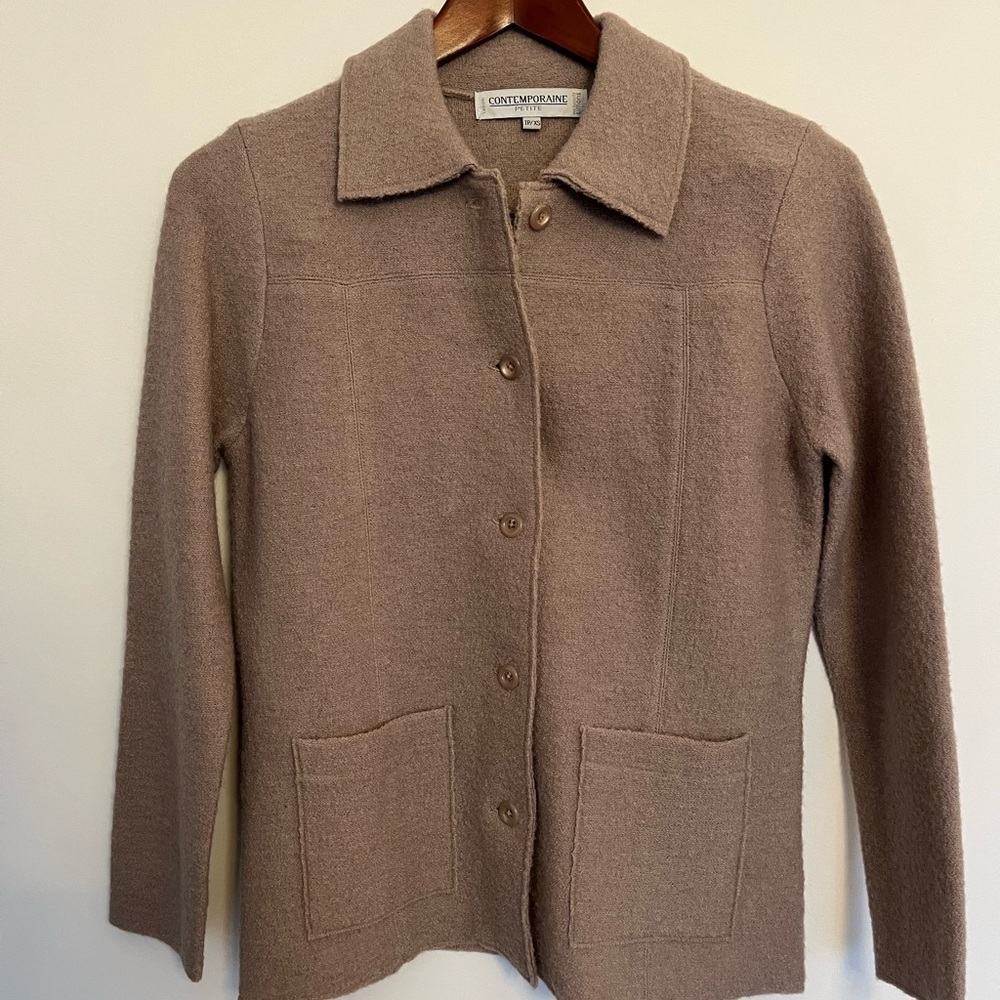 La Contemporaine 100% Wool Taupe Collared Cardigan Jacket XS - Picture 3 of 6